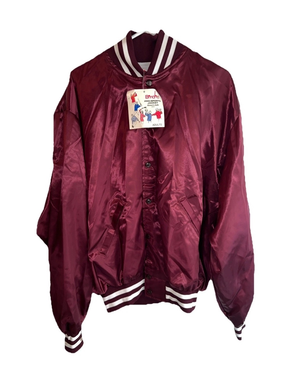 Birdies Burgundy Satin Varsity Jacket with White Stripes